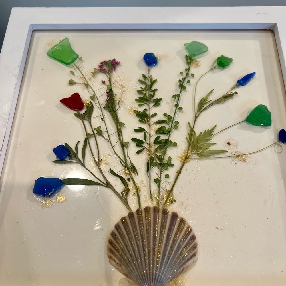 Seashell and Glass Floral Art in White Frame
